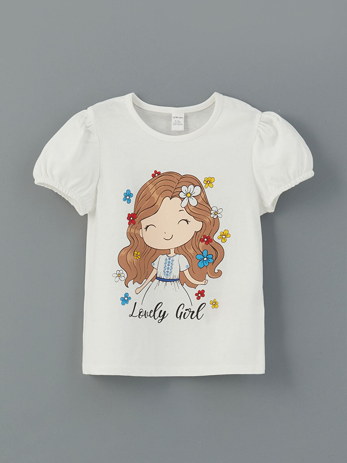 Beyaz Bisiklet Yaka Baskılı Kız Çocuk Tişört