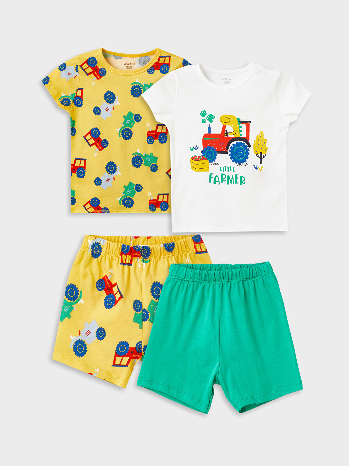 Ekru Bisiklet Yaka Kısa Kollu Baskılı Şortlu Erkek Bebek Pijama Takımı 2'li
