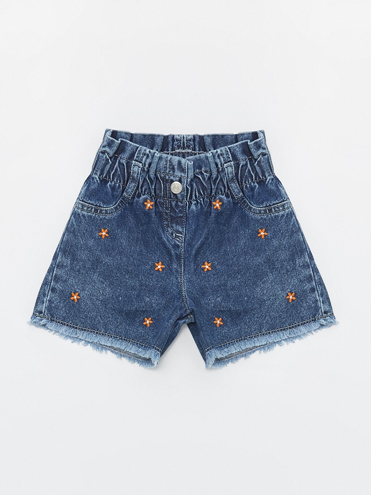 Mavi Beli Lastikli Nakışlı Kız Çocuk Jean Şort
