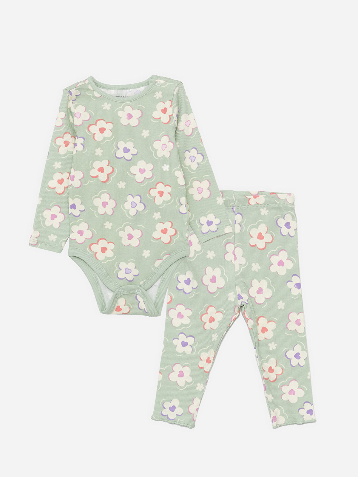 Yeşil Bisiklet Yaka Uzun Kollu Kız Bebek Çıtçıtlı Body ve Pantolon 2'li Takım