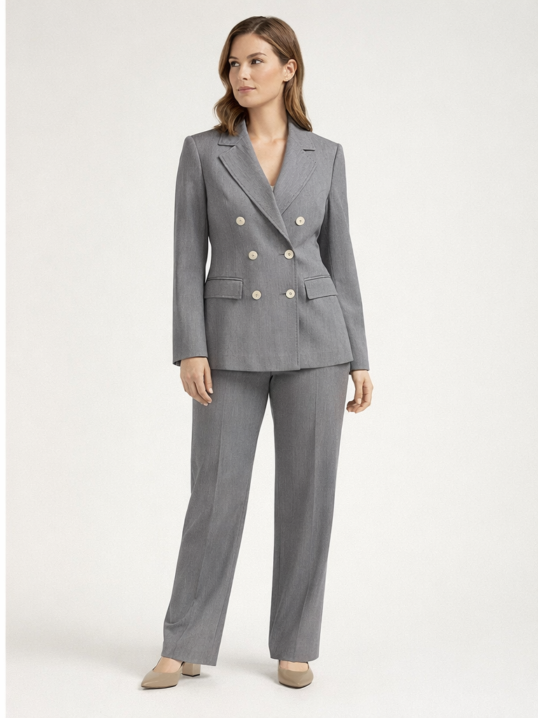 Perle Donna Gri Dört Düğmeli Kruvaze Blazer Takım