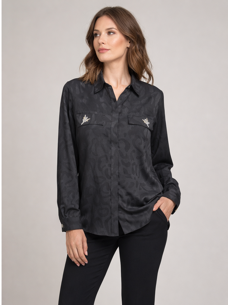Defnestore Store Siyah Broşlu Leopar Gömlek