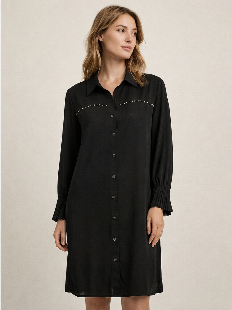 Defnestore Store Siyah Pileli Manşet Detaylı Taşlı Tunik