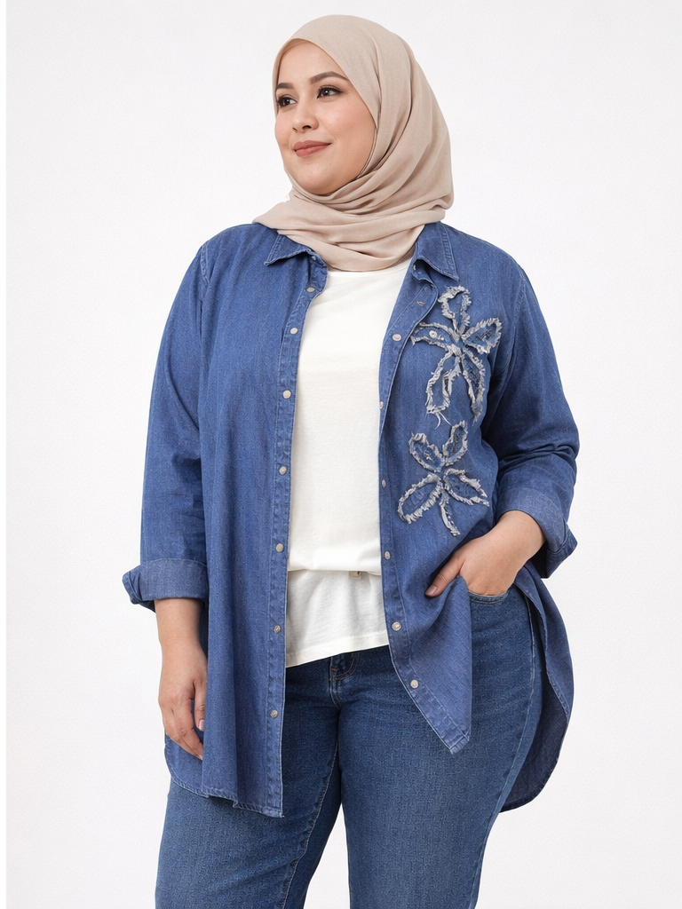 Femina Mavi Denim Görünümlü Çiçek Nakışlı İkili Takım