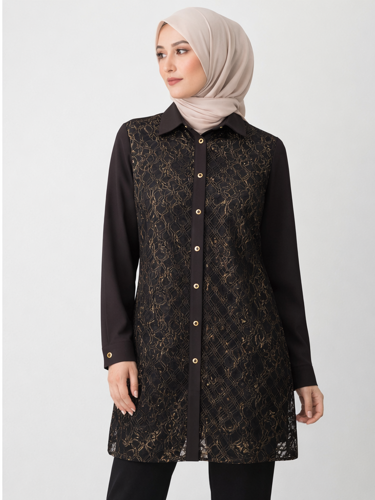 Defne Store Acı Kahve Dantel Dokulu Boydan Düğmeli Tunik