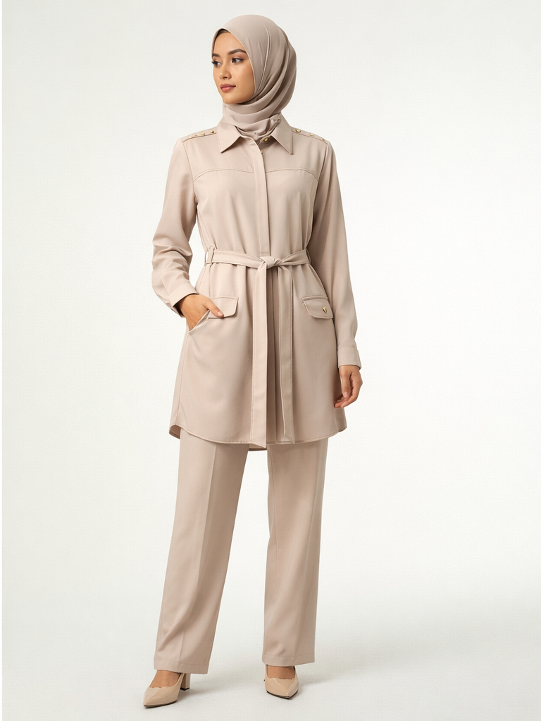 Defne Store Taş Rengi Kuşaklı Safari Tunik Pantolon Takım