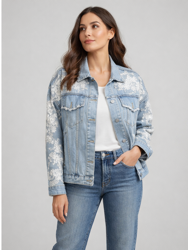 Robin Açık Mavi Dantel Panelli ve Eskitme Detaylı Denim Ceket