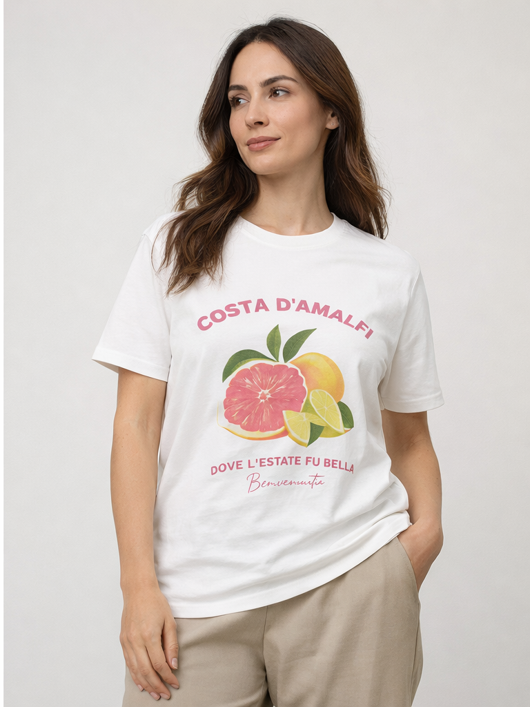 BISOU Beyaz Costa D'Amalfi Baskılı Oversize Tişört