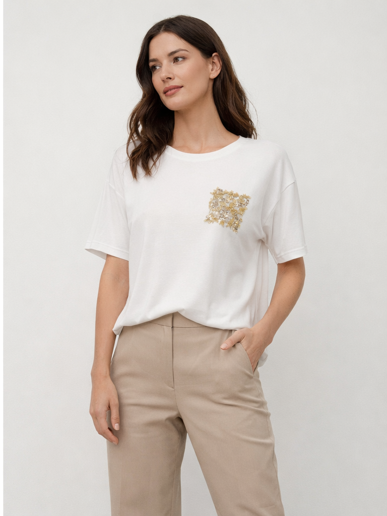 Angora Fashion - Gold Payet İşlemeli Ekru Oversize Bluz