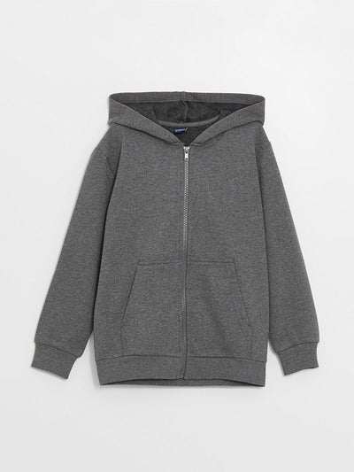 Antrasit Kapüşonlu Basic Uzun Kollu Erkek Çocuk Fermuarlı Sweatshirt