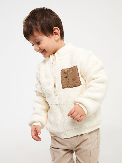 Ekru Dik Yaka Pelüş Erkek Bebek Fermuarlı Sweatshirt