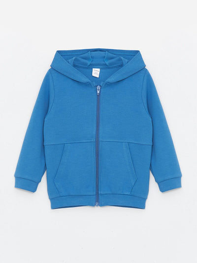 Mavi Kapüşonlu Uzun Kollu Erkek Bebek Fermuarlı Sweatshirt