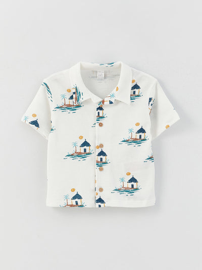 Bej Polo Yaka Desenli Erkek Bebek Gömlek