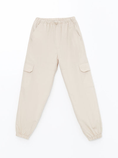 Bej Beli Lastikli Kız Çocuk Kargo Jogger Pantolon