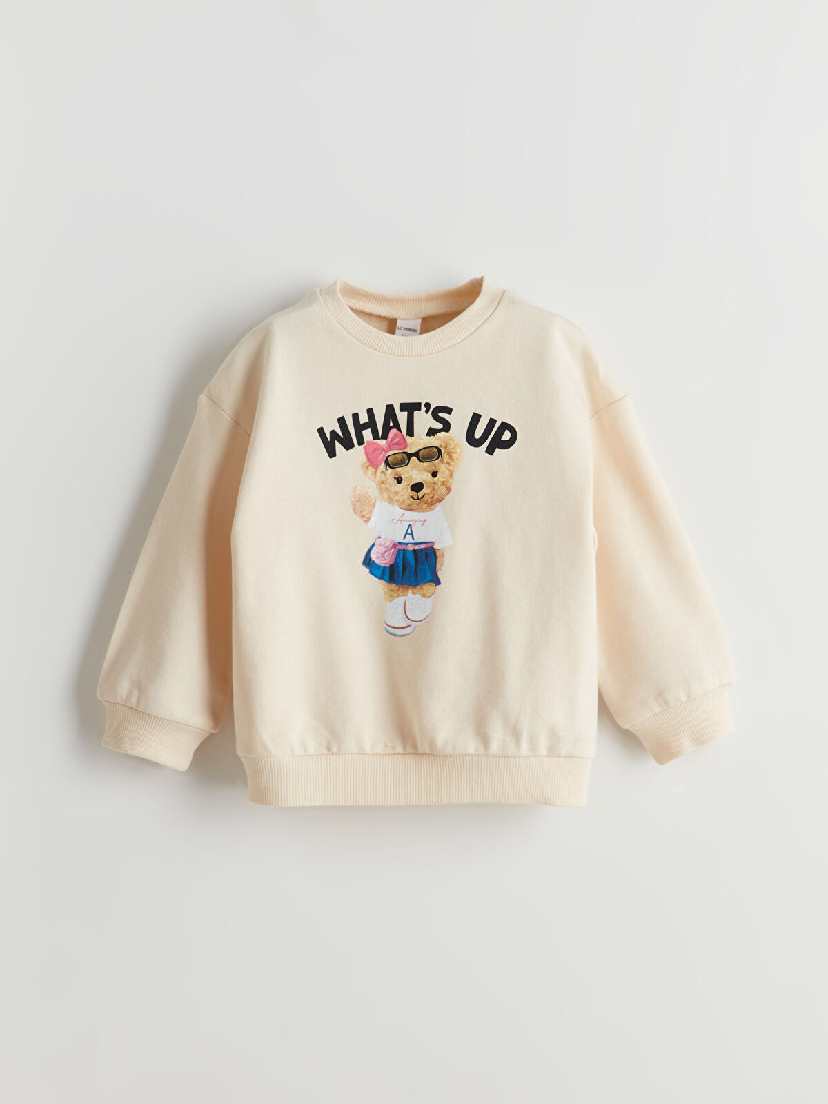 Bej Bisiklet Yaka Ayı Teddy Baskılı Kız Çocuk Sweatshirt