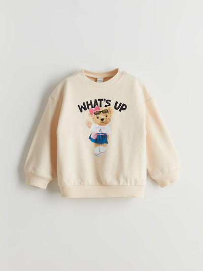 Bej Bisiklet Yaka Ayı Teddy Baskılı Kız Çocuk Sweatshirt