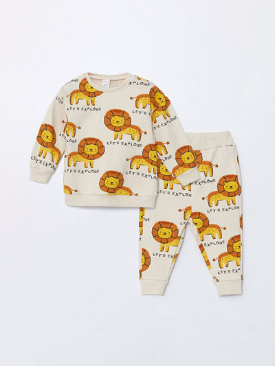 Bej Bisiklet Yaka Baskılı Erkek Bebek Sweatshirt ve Eşofman Alt 2'li