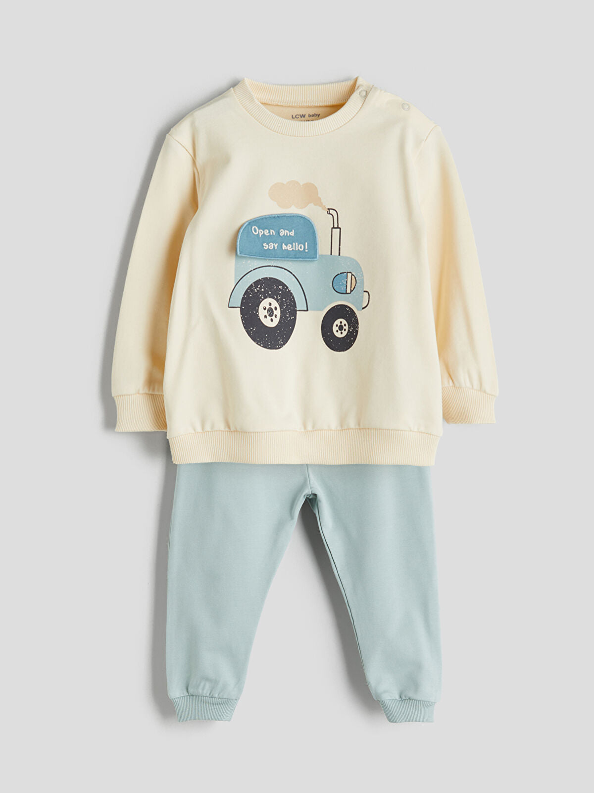 Bej Bisiklet Yaka Baskılı Erkek Bebek Sweatshirt ve Eşofman Alt 2'li