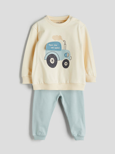 Bej Bisiklet Yaka Baskılı Erkek Bebek Sweatshirt ve Eşofman Alt 2'li