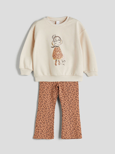Bej Bisiklet Yaka Kız Çocuk Sweatshirt ve Tayt