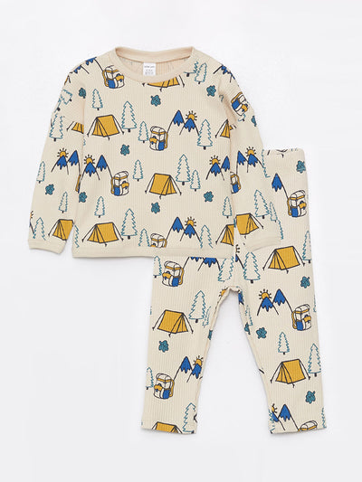 Bej Bisiklet Yaka Uzun Kollu Baskılı Erkek Bebek Sweatshirt ve Eşofman Altı 2'li Takım