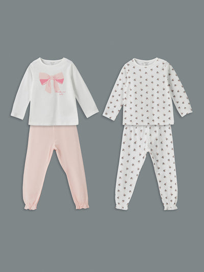 Beyaz Bisiklet Yaka Baskılı Kız Çocuk Pijama Takım 2'li