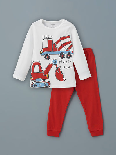 Beyaz Bisiklet Yaka Erkek Bebek Pijama Takımı