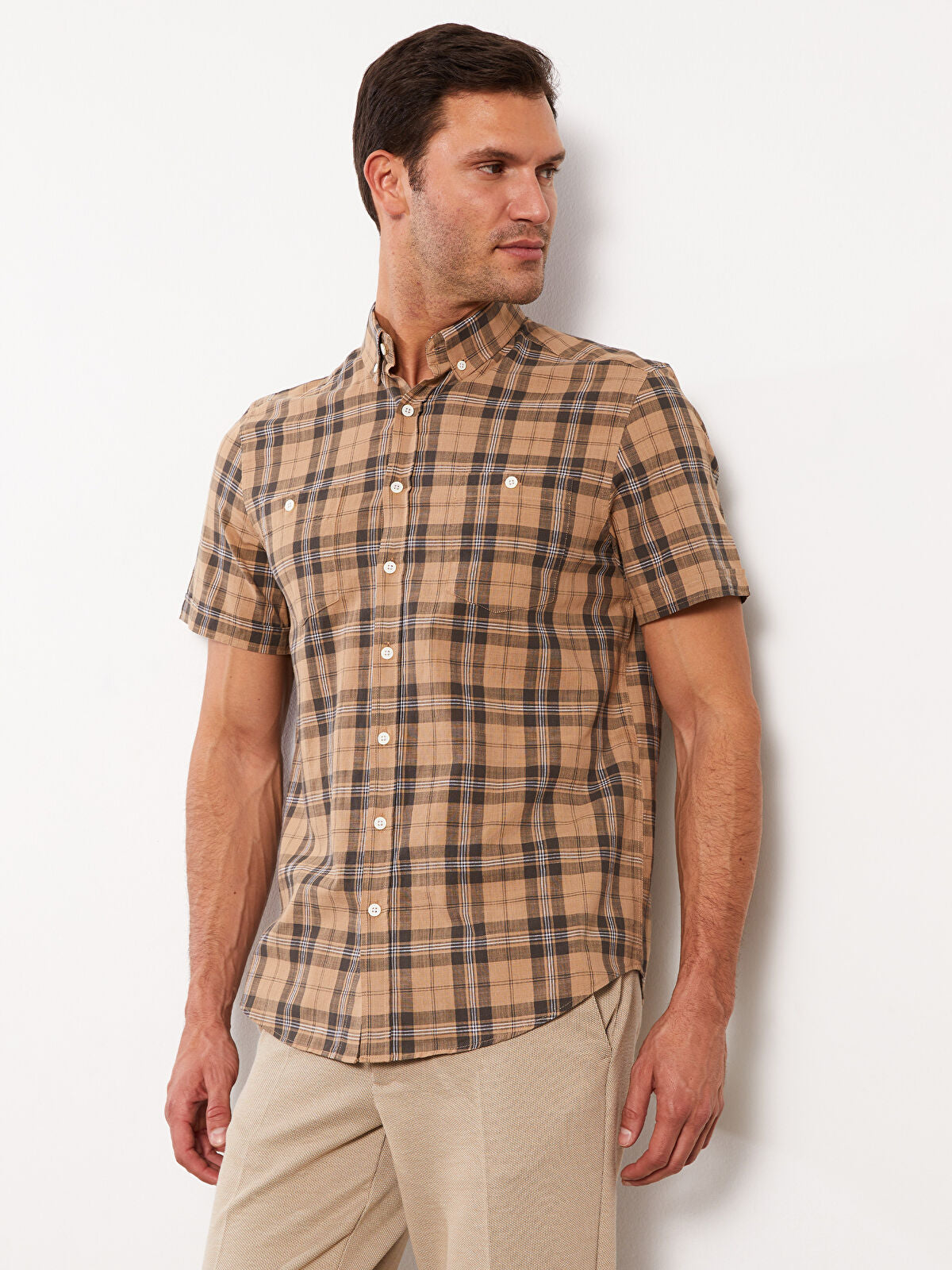 Kahverengi Regular Fit Kısa Kollu Ekose Poplin Erkek Gömlek