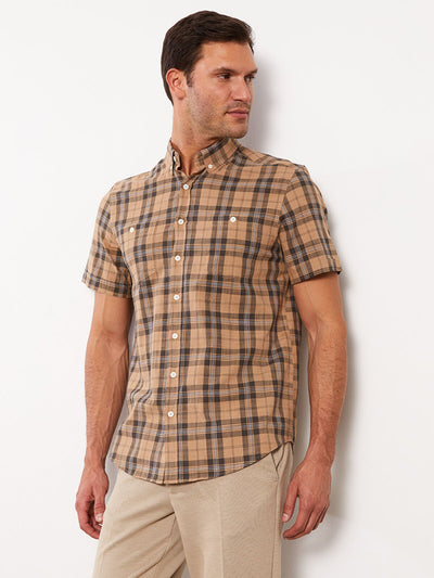 Kahverengi Regular Fit Kısa Kollu Ekose Poplin Erkek Gömlek