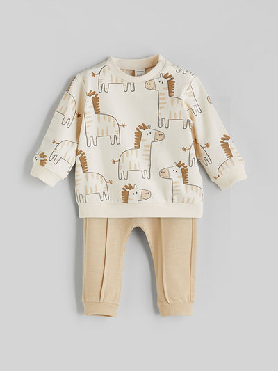 Ekru Baskılı Erkek Bebek Sweatshirt ve Eşofman Alt 2'li