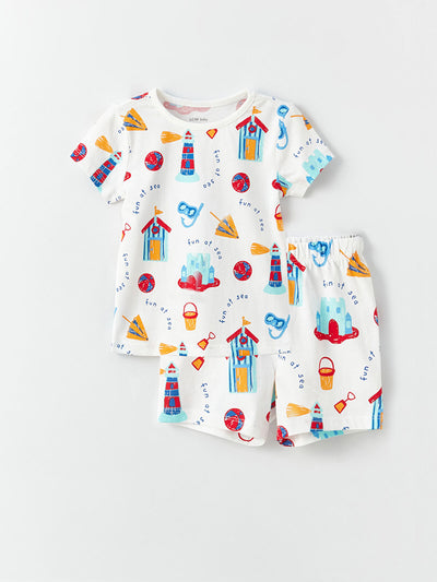 Ekru Baskılı Erkek Bebek Şortlu Pijama Takımı