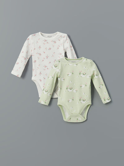 Ekru Baskılı Kız Bebek Çıtçıtlı Body 2'li