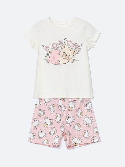 Ekru Baskılı Kız Çocuk Pamuklu Şortlu Pijama Takımı
