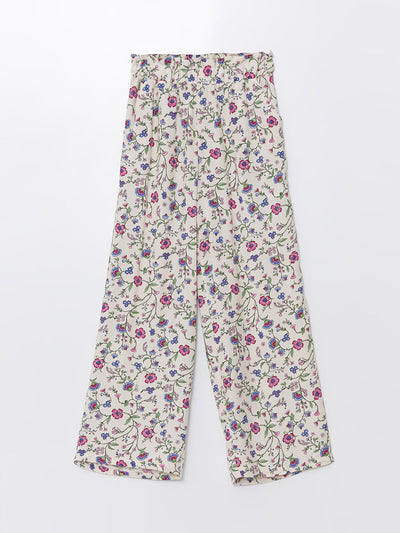 Ekru Beli Lastikli Wideleg Çiçekli Kız Çocuk Pantolon