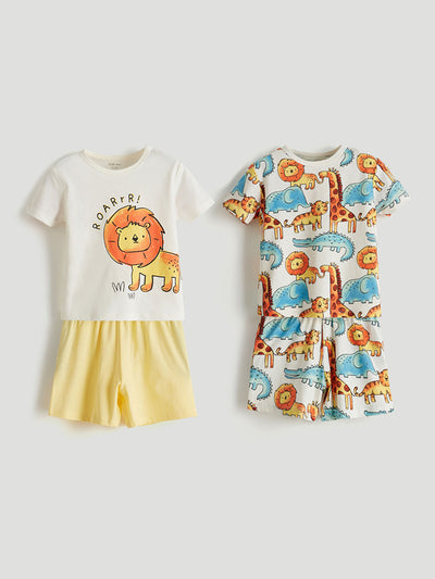 Ekru Bisiklet Yaka Baskılı Erkek Bebek Pijama Takım 2'li