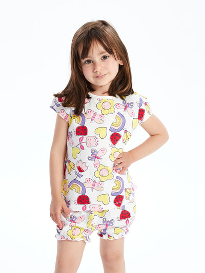 Ekru Bisiklet Yaka Kız Bebek Şortlu Pijama Takımı