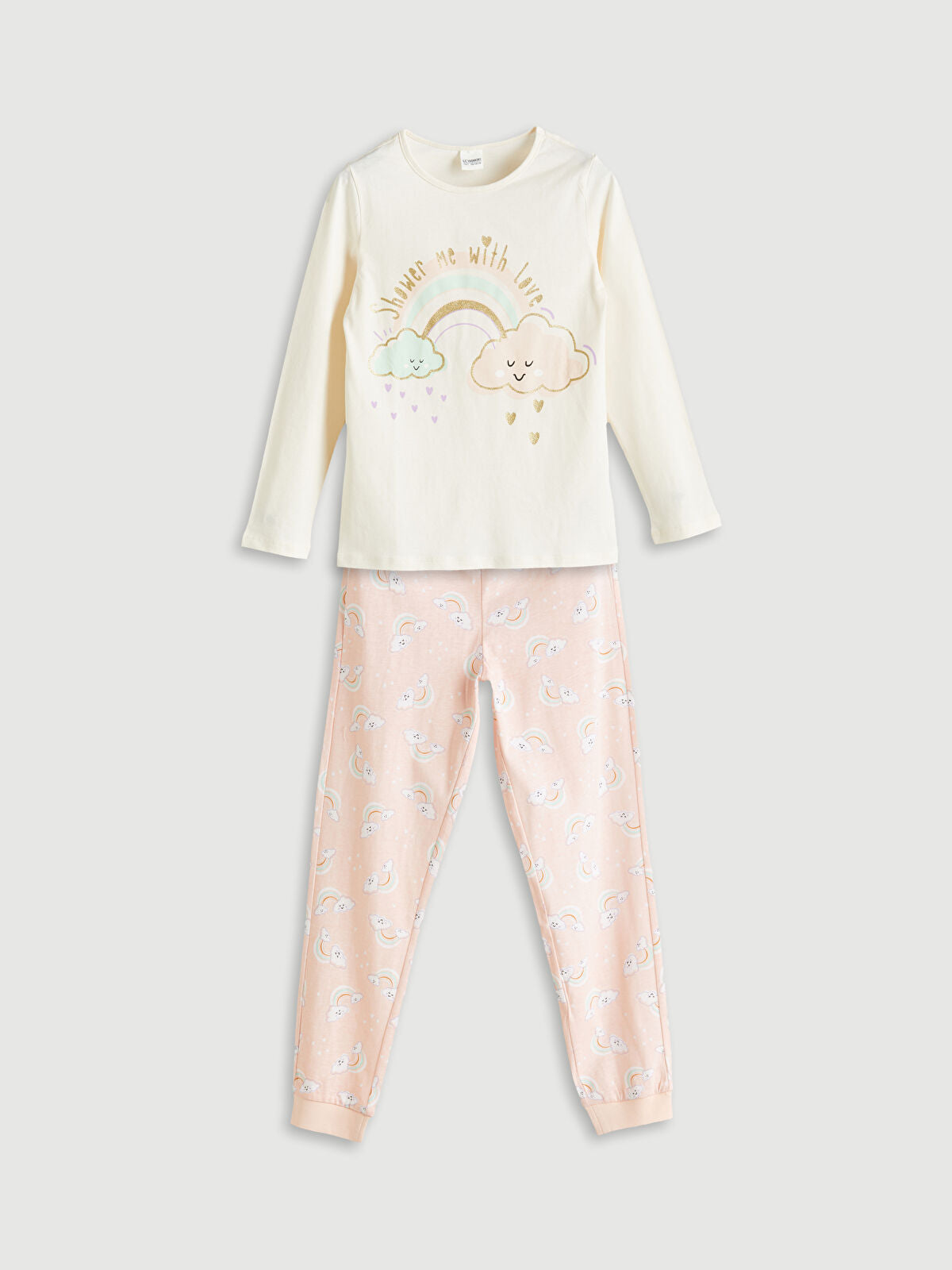 Ekru Bisiklet Yaka Kız Çocuk Pijama Takımı
