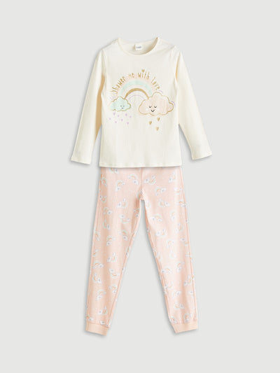 Ekru Bisiklet Yaka Kız Çocuk Pijama Takımı