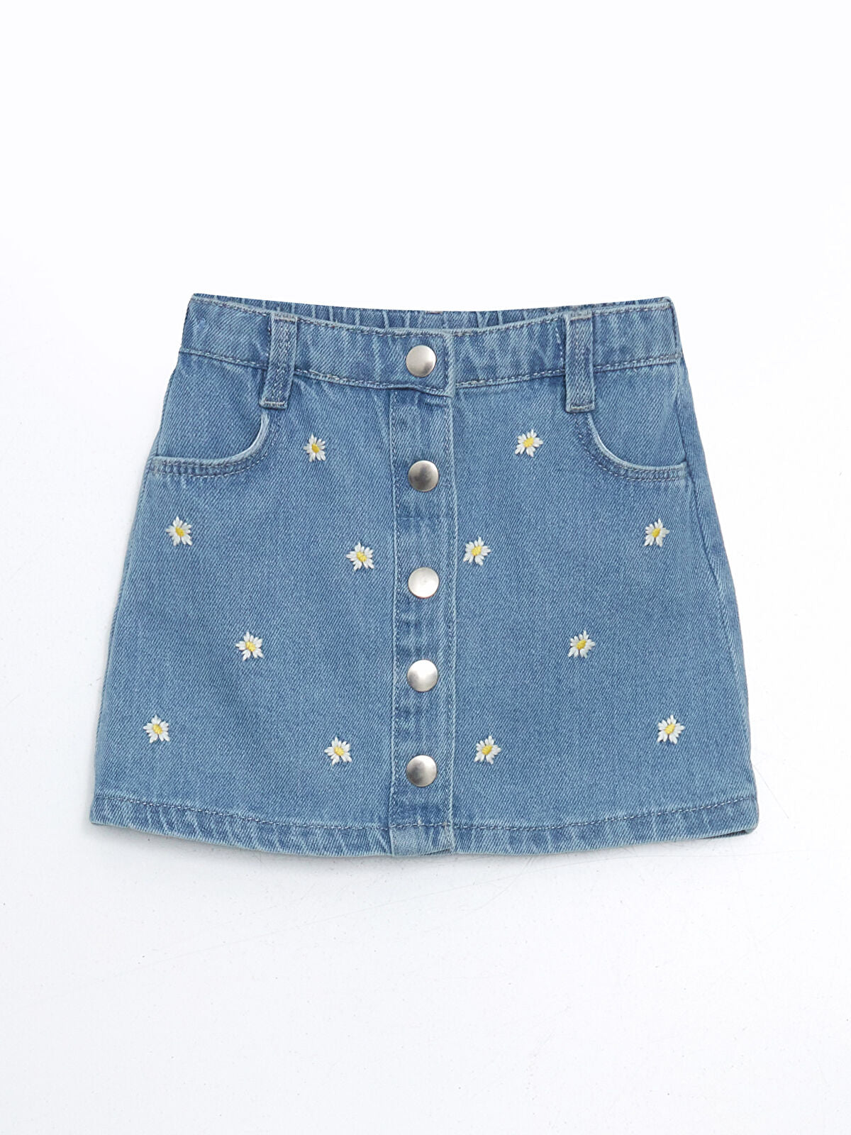 İndigo Beli Ayarlanabilir Çiçekli Kız Çocuk Jean Etek