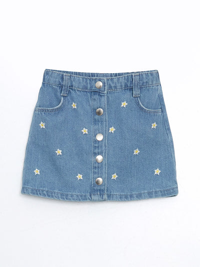 İndigo Beli Ayarlanabilir Çiçekli Kız Çocuk Jean Etek