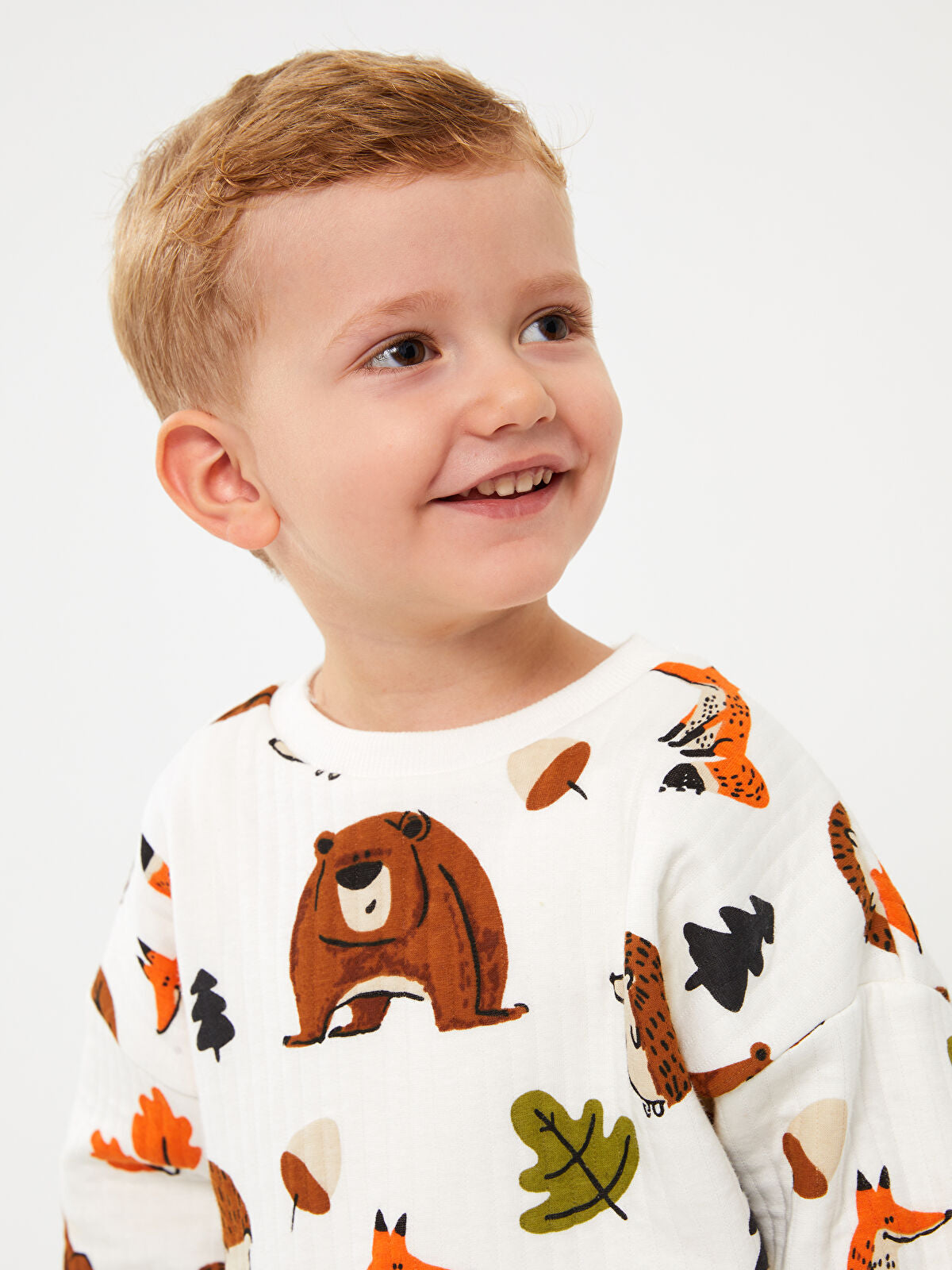 Ekru Bisiklet Yaka Uzun Kollu Baskılı Erkek Bebek Sweatshirt