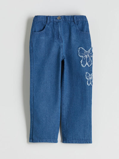 İndigo Beli Lastikli Fiyonk Nakışlı Kız Çocuk Jean Pantolon