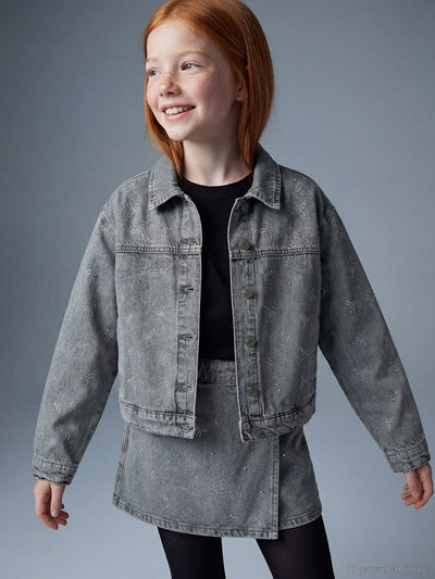 Karışık Fiyonk Taşlı Kız Çocuk Jean Ceket
