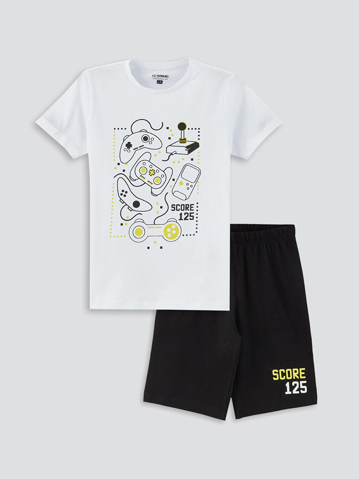 Beyaz Bisiklet Yaka Baskılı Kısa Kollu Erkek Çocuk Şortlu Pijama Takımı