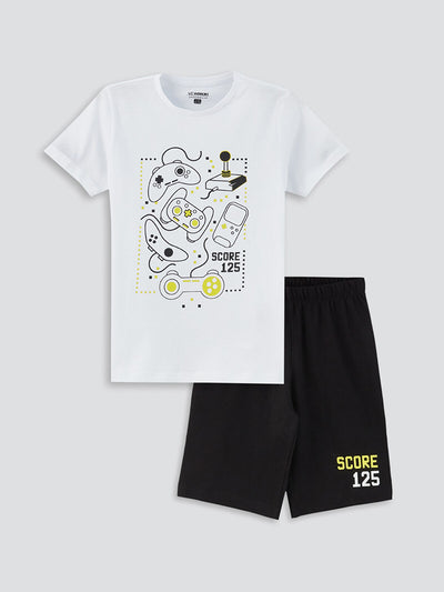 Beyaz Bisiklet Yaka Baskılı Kısa Kollu Erkek Çocuk Şortlu Pijama Takımı