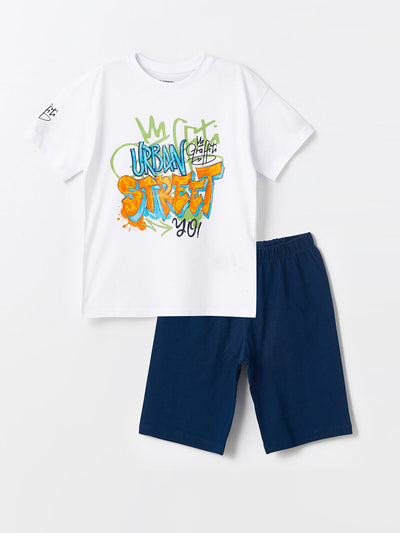 Beyaz Bisiklet Yaka Baskılı Kısa Kollu Erkek Çocuk Şortlu Pijama Takımı