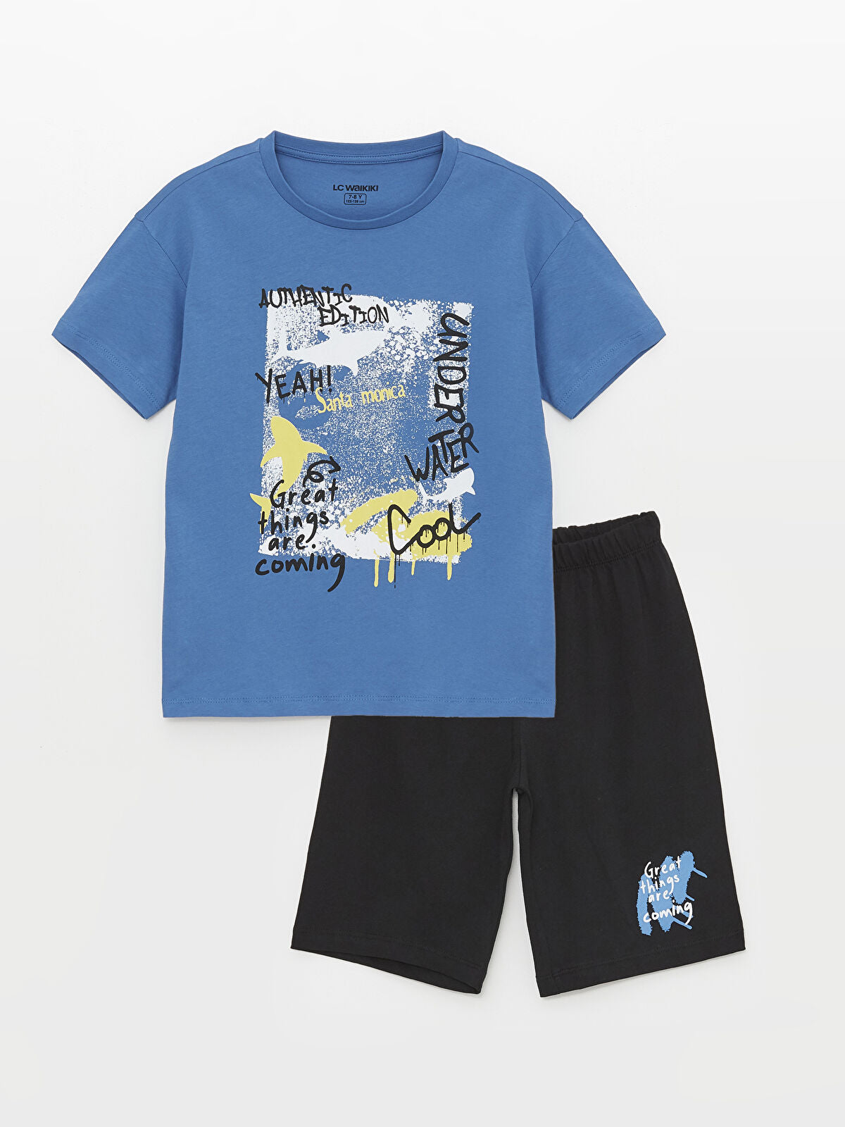 Mavi Bisiklet Yaka Baskılı Kısa Kollu Erkek Çocuk Şortlu Pijama Takımı