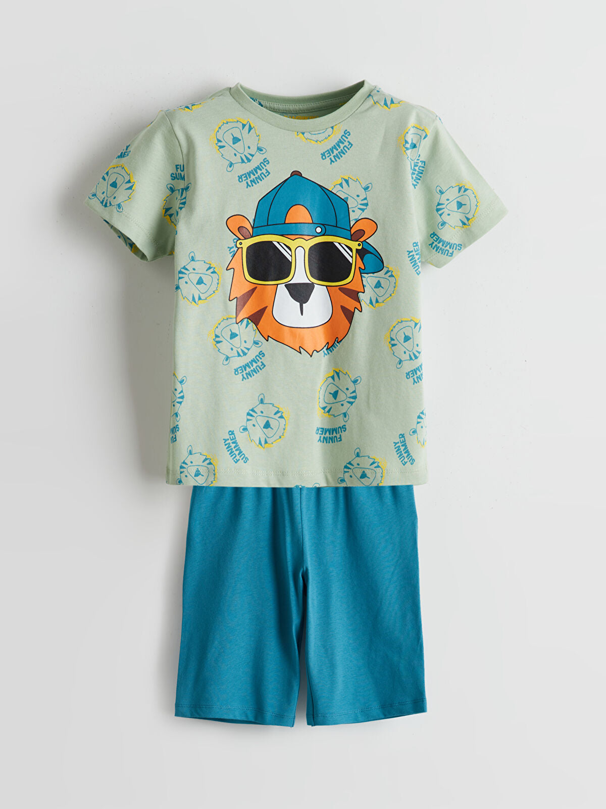Yeşil Baskılı Penye Erkek Çocuk Şortlu Pijama Takım