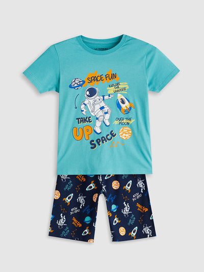 Turkuaz Baskılı Erkek Çocuk Şortlu Pijama Takımı