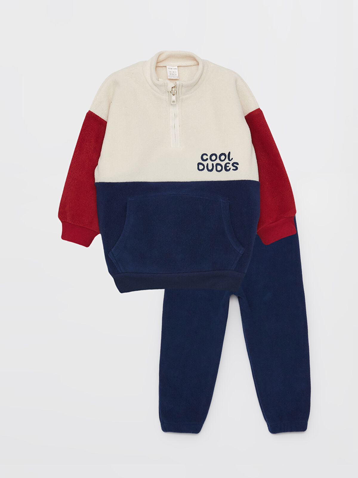 Bej Dik Yaka Uzun Kollu Renk Bloklu Polar Erkek Bebek Sweatshirt ve Eşofman Alt 2'li Takım